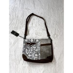 NWT Myra Bag Dove Upcycled Gray Canvas Cowhide Bag Crossbody Bag Adjustable